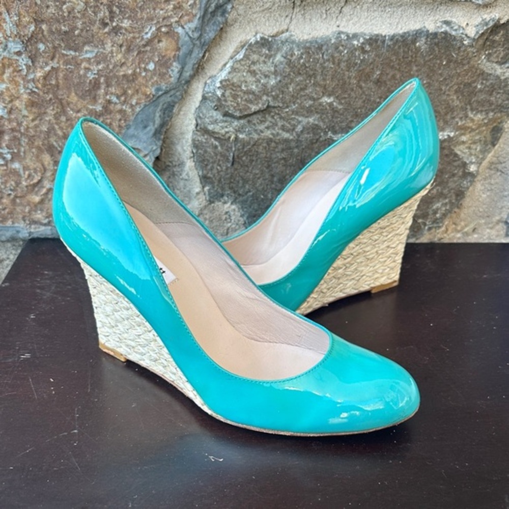 L.K. Bennett London Teal Patent Leather Woven Jute Wedge Heels – Size 38